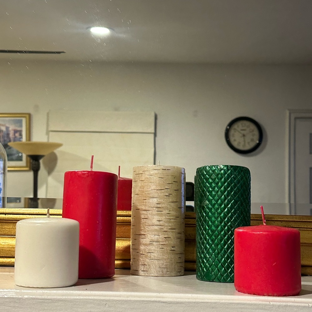 Set of Decorative Candles in Red, Green, and Cream